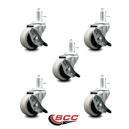 Service Caster 2 Inch Thermoplastic Wheel 3/8 Threaded Stem Caster Set with Brakes SCC, 5PK SCC-TS05S210-TPRS-SLB-381615-5
